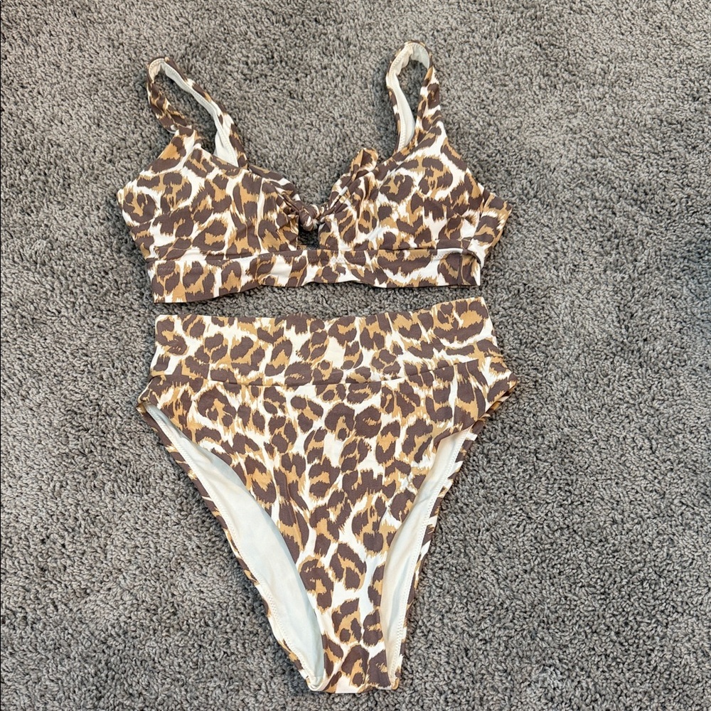 aerie Leopard Print High-Waist Bikini Set in Brown & Cream